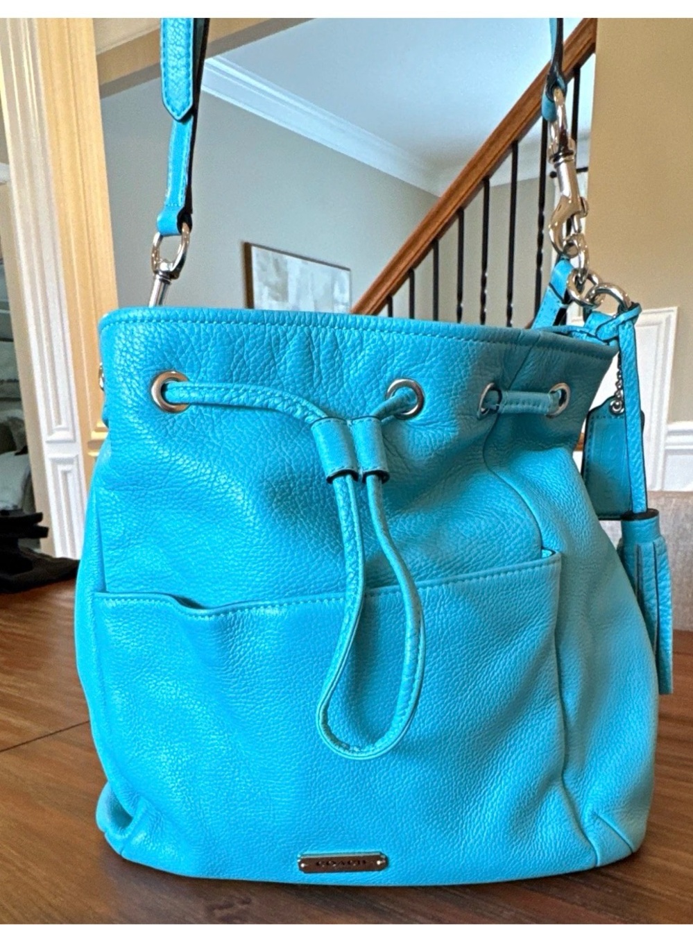 COACH Turquoise Drawstring Leather Bucket Bag